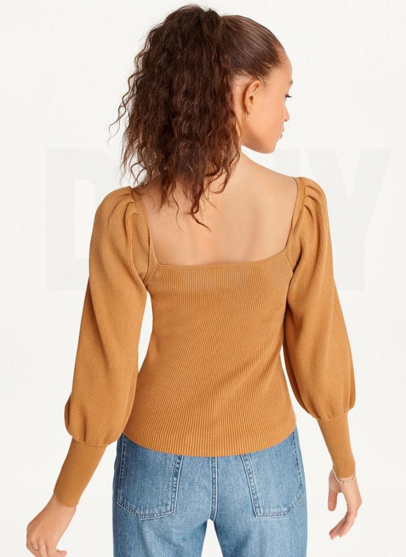 Brown DKNY Puff-Sleeve Sweatheart Women's Sweaters | USA-D1511