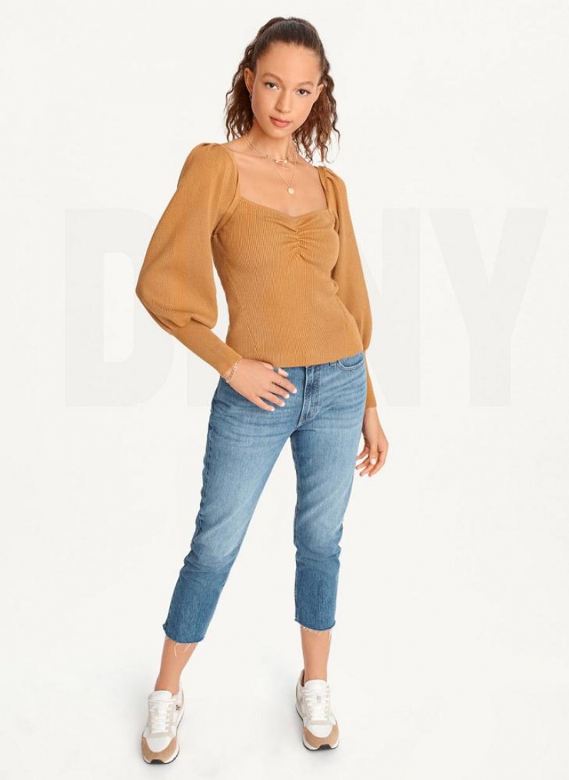 Brown DKNY Puff-Sleeve Sweatheart Women's Sweaters | USA-D1511