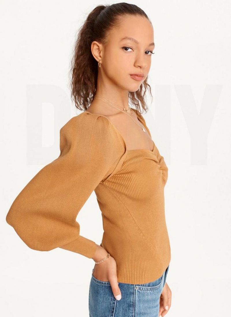Brown DKNY Puff-Sleeve Sweatheart Women's Sweaters | USA-D1511