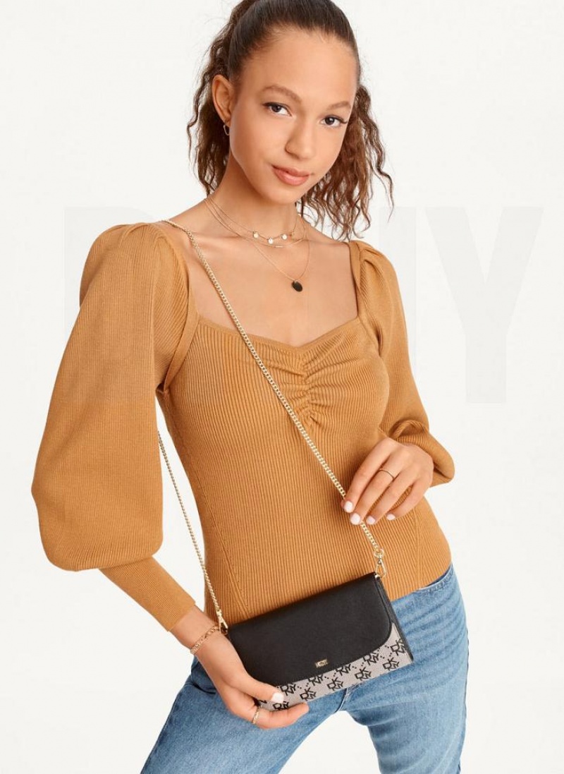 Brown DKNY Puff-Sleeve Sweatheart Women\'s Sweaters | USA-D1511