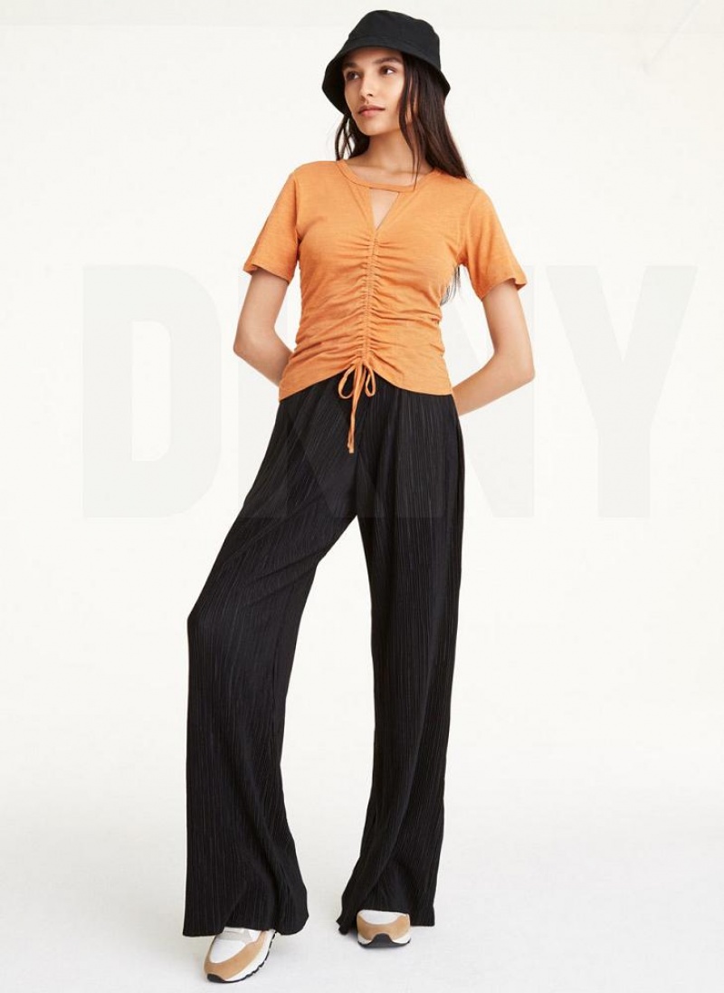 Brown DKNY Ruched Front Women's T Shirts | USA-D1120
