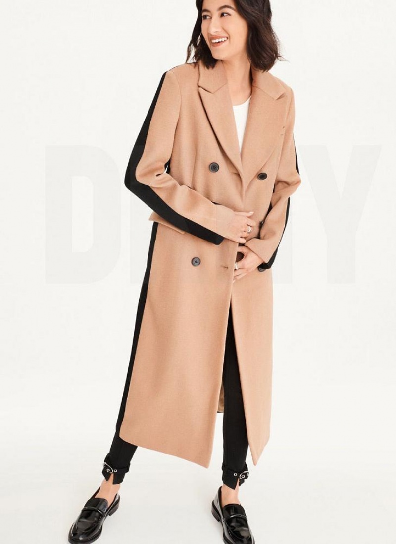 Brown DKNY Two Tone Maxi Wool Women's Coats | USA-D1708