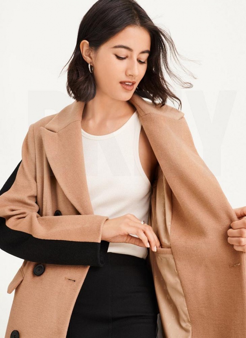 Brown DKNY Two Tone Maxi Wool Women's Coats | USA-D1708