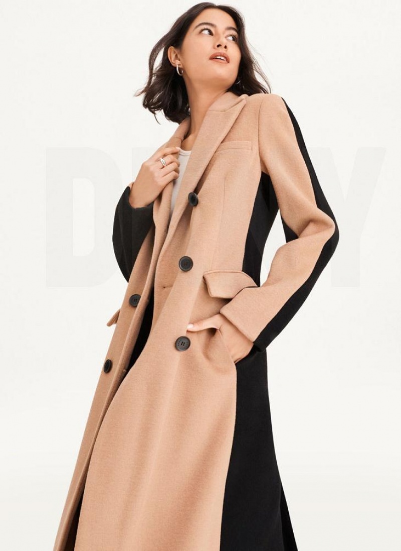 Brown DKNY Two Tone Maxi Wool Women\'s Coats | USA-D1708