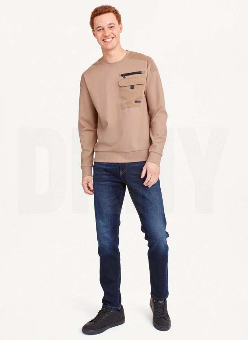 Brown DKNY Utility Crewneck Men's T Shirts | USA-D1831