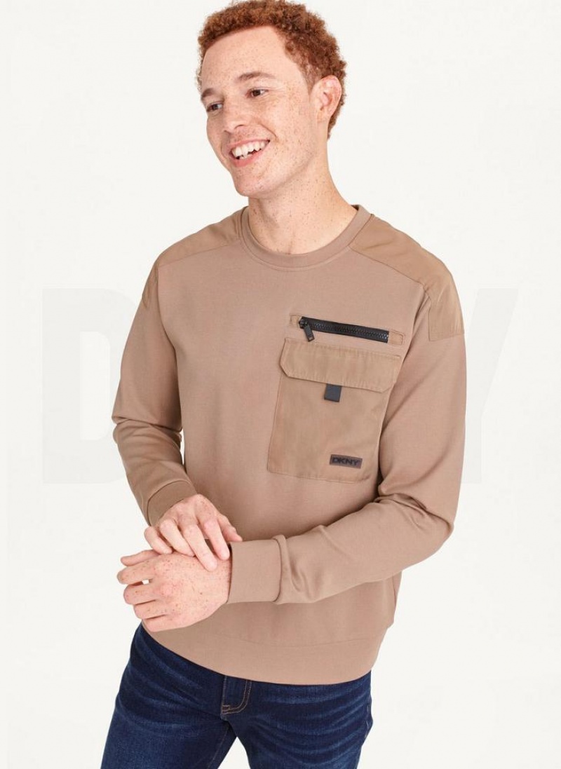 Brown DKNY Utility Crewneck Men\'s T Shirts | USA-D1831