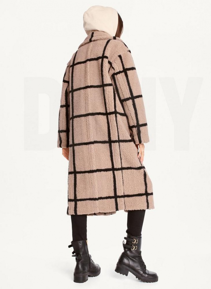 Brown DKNY Windowpane Sherpa Women's Coats | USA-D0646