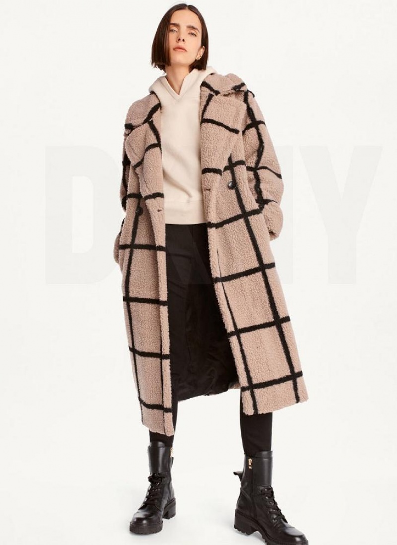 Brown DKNY Windowpane Sherpa Women's Coats | USA-D0646