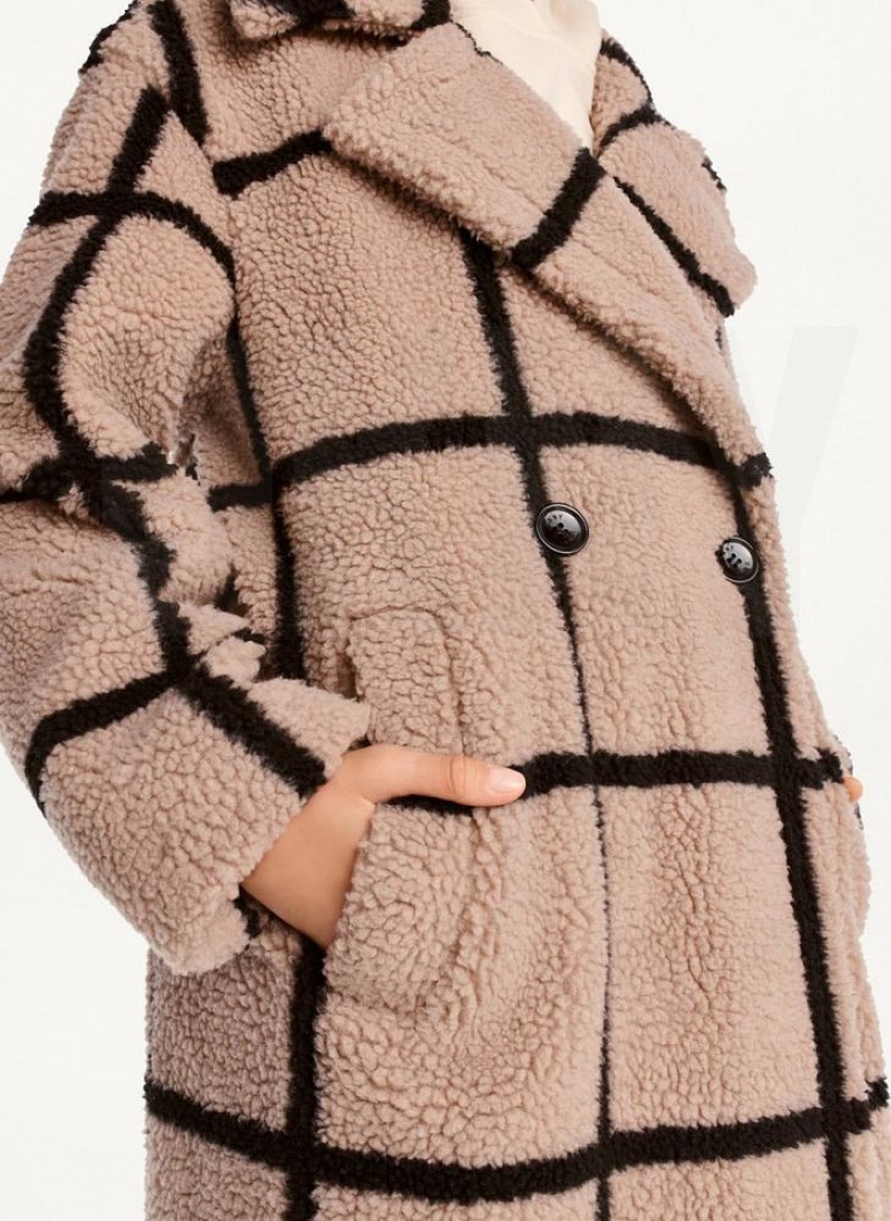 Brown DKNY Windowpane Sherpa Women's Coats | USA-D0646