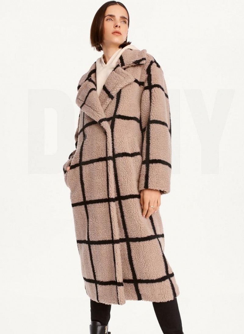 Brown DKNY Windowpane Sherpa Women\'s Coats | USA-D0646