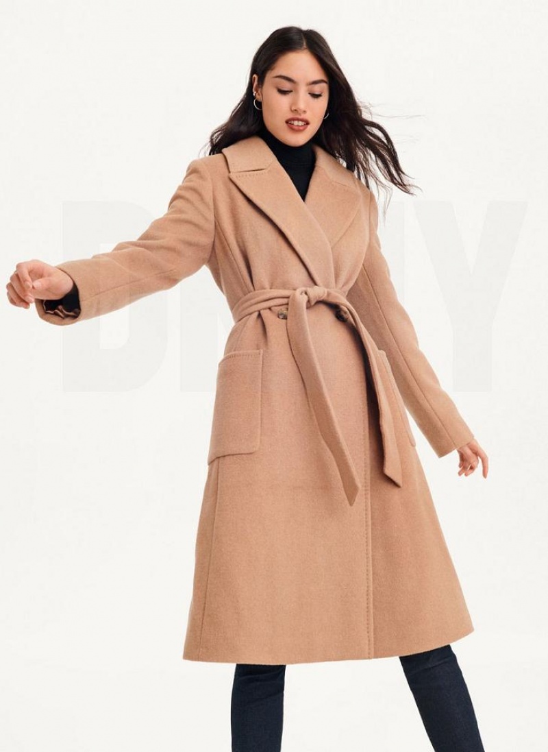 Brown DKNY Wool Wrap Women's Coats | USA-D0554