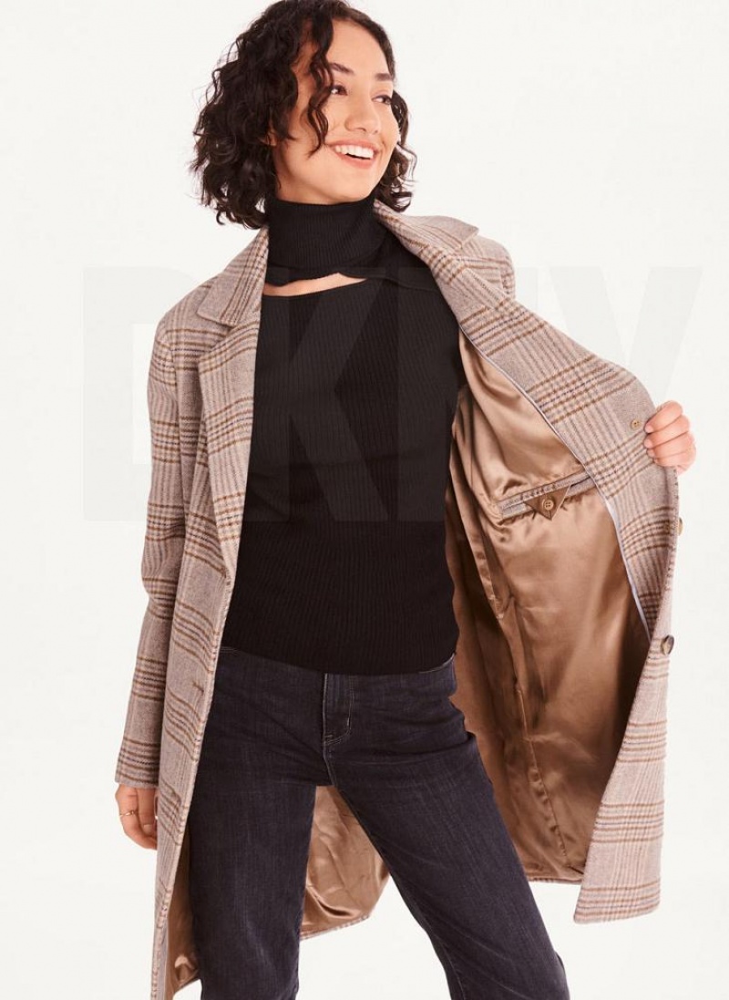 Brown / Black DKNY Brown Plaid Women's Coats | USA-D1430