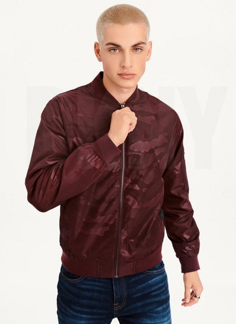 Burgundy DKNY Camo Bomber Men\'s Jackets | USA-D0879