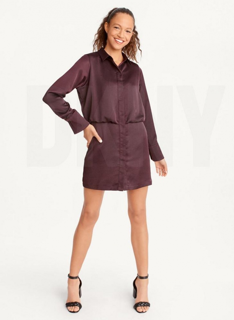 Burgundy DKNY Long Sleeve Mini Women's Dresses | USA-D0229