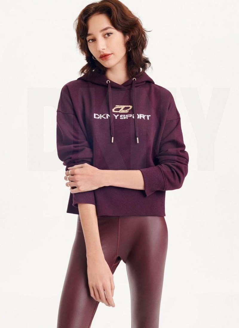 Burgundy DKNY Mixed Distressed Metallic Logo Cropped Women's Hoodies | USA-D1637