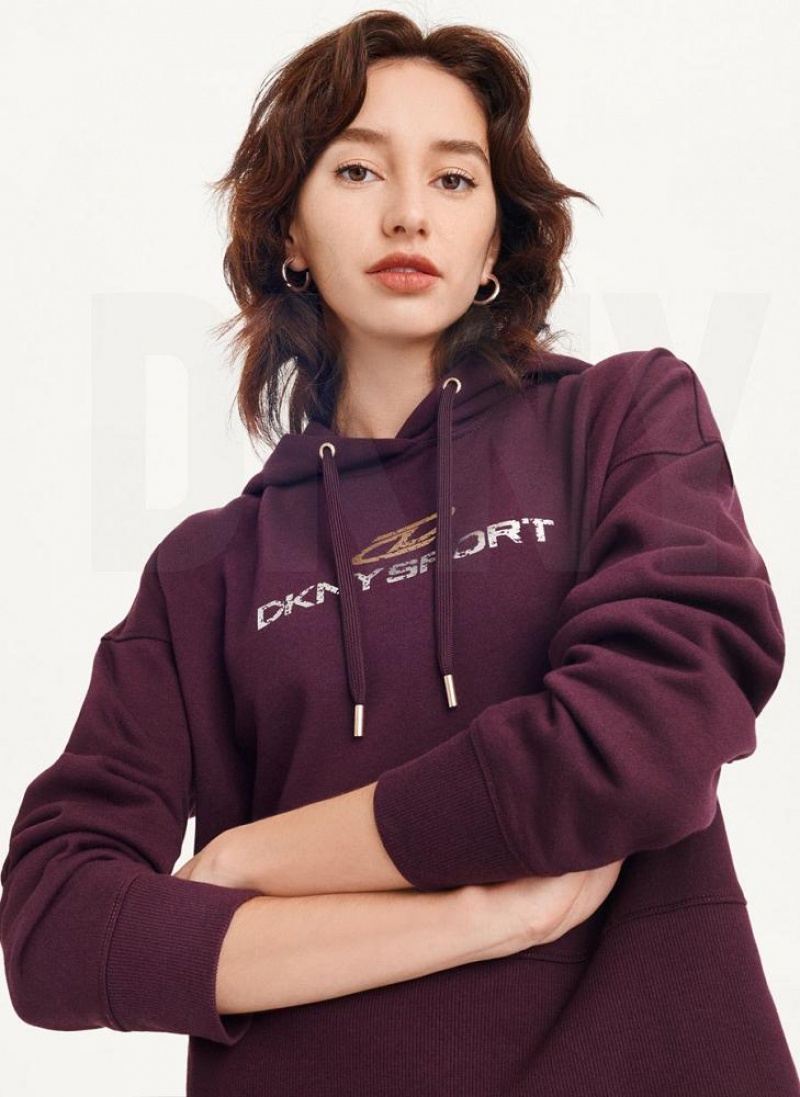 Burgundy DKNY Mixed Distressed Metallic Logo Cropped Women's Hoodies | USA-D1637