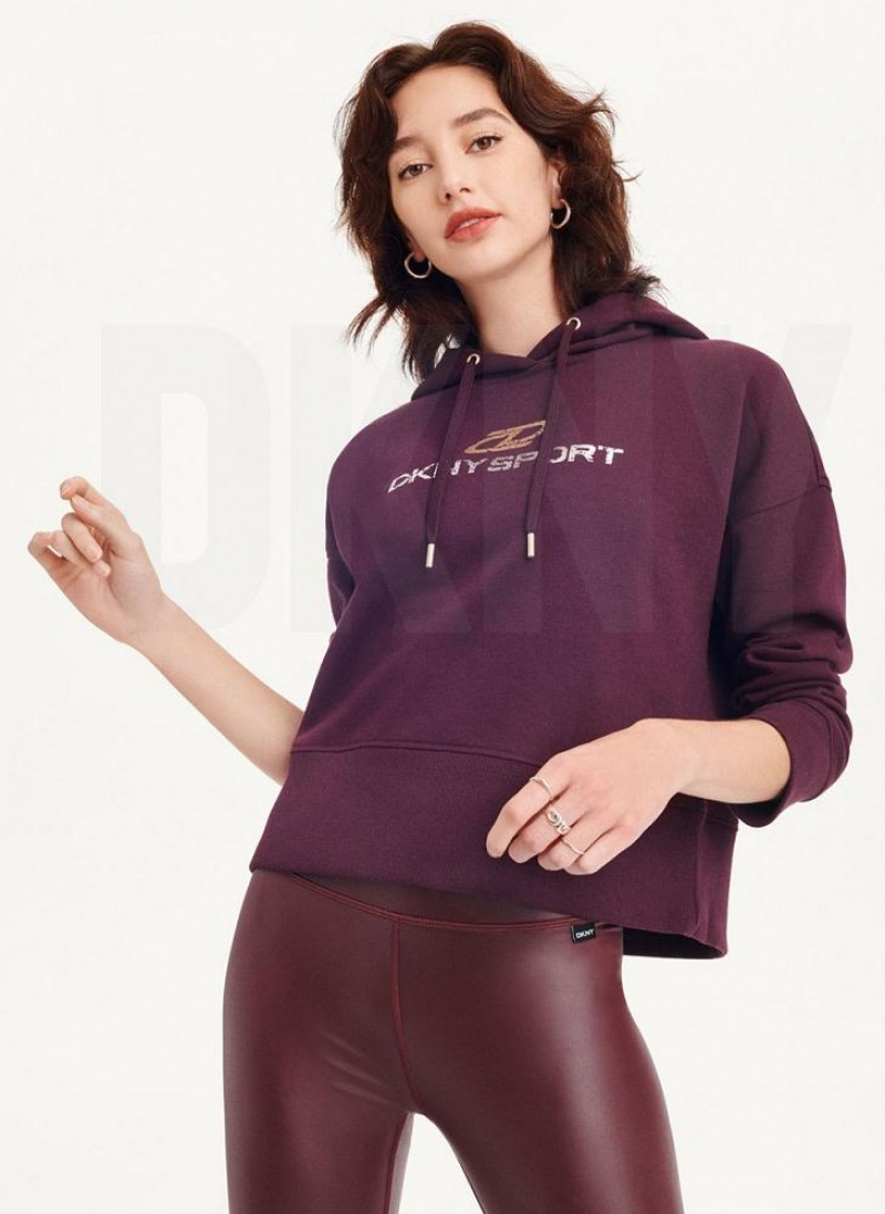 Burgundy DKNY Mixed Distressed Metallic Logo Cropped Women\'s Hoodies | USA-D1637