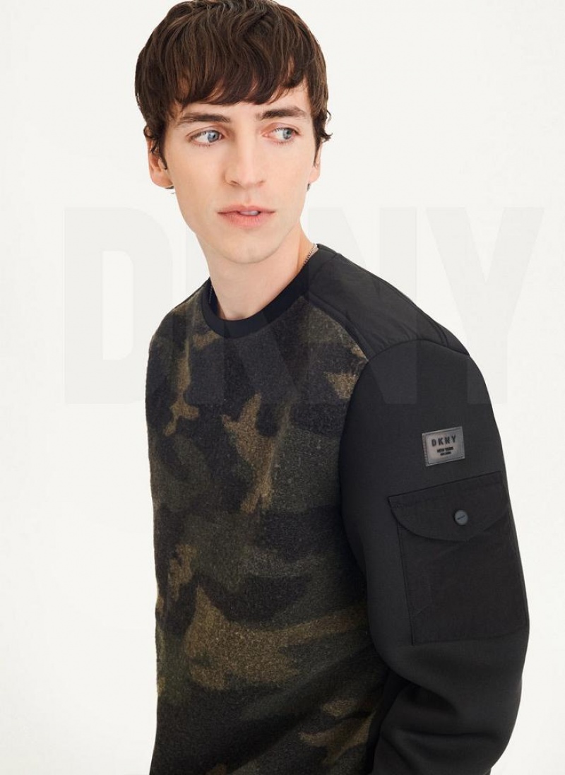 Camo DKNY Long Sleeve Camo Neoprene Sleeve Crewneck Men's Sweatshirts | USA-D0241