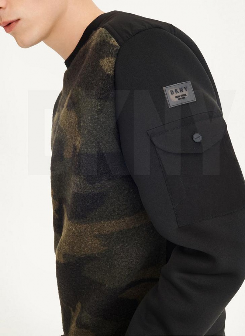 Camo DKNY Long Sleeve Camo Neoprene Sleeve Crewneck Men's Sweatshirts | USA-D0241