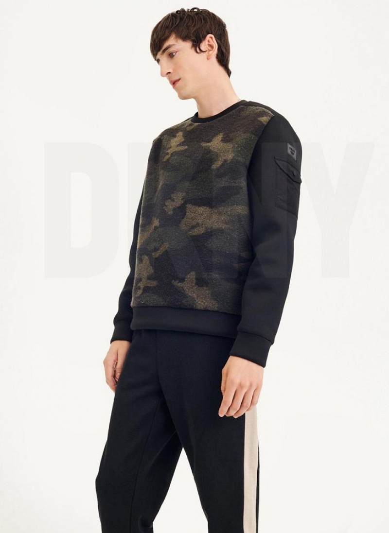 Camo DKNY Long Sleeve Camo Neoprene Sleeve Crewneck Men\'s Sweatshirts | USA-D0241