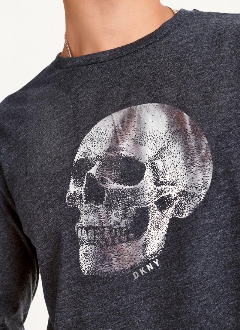 Dark Grey DKNY Pointilism Skull Men's T Shirts | USA-D0145