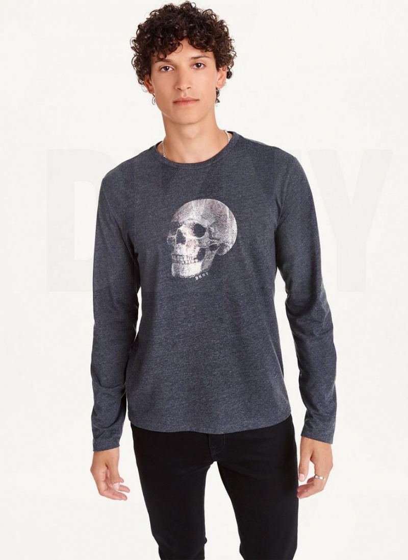 Dark Grey DKNY Pointilism Skull Men\'s T Shirts | USA-D0145