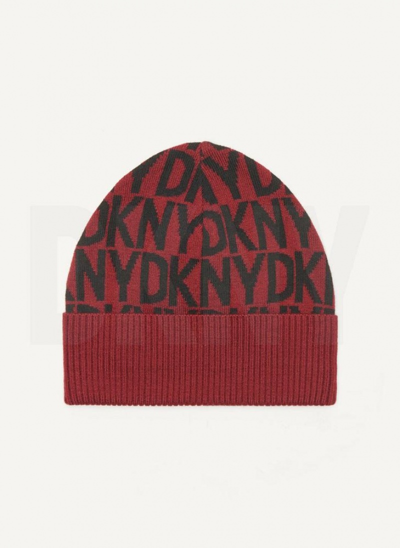 Dark Red DKNY Allover Logo With Fold Back Brim Men's Beanie | USA-D1001