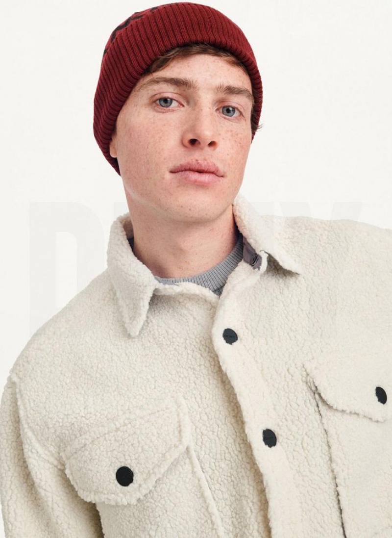 Dark Red DKNY Allover Logo With Fold Back Brim Men's Beanie | USA-D1001