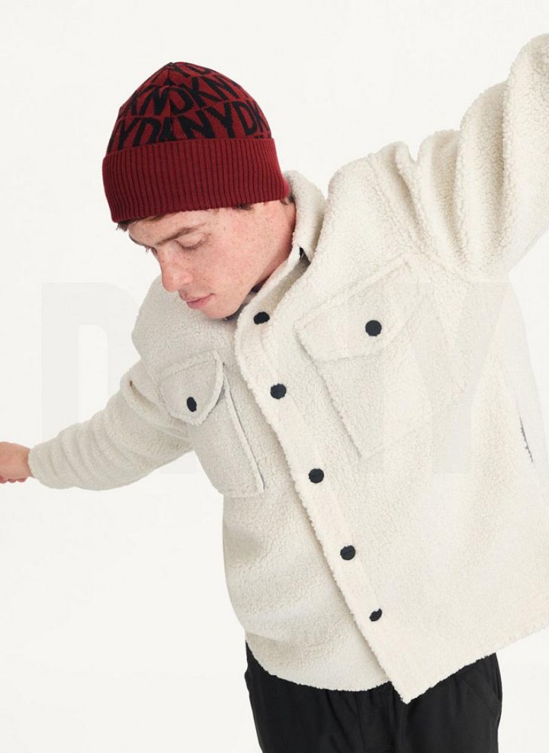 Dark Red DKNY Allover Logo With Fold Back Brim Men\'s Beanie | USA-D1001