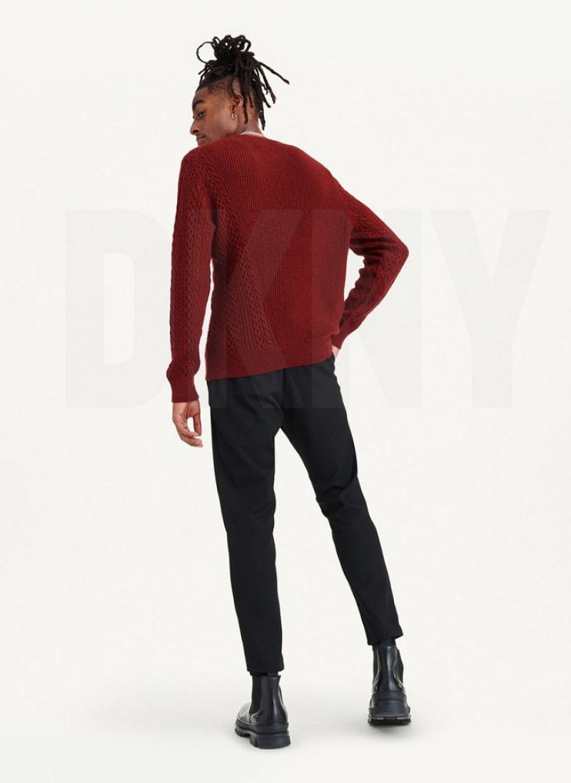 Dark Red DKNY Diagonal Cable Crew Men's Sweaters | USA-D1878