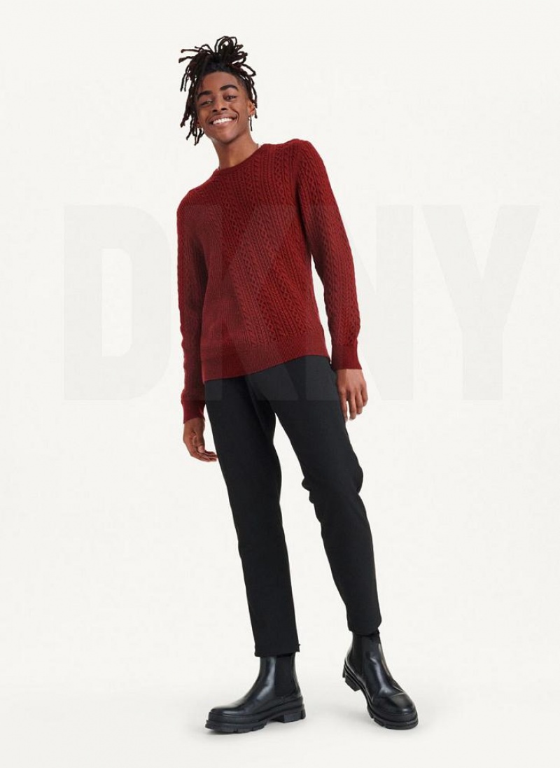 Dark Red DKNY Diagonal Cable Crew Men's Sweaters | USA-D1878