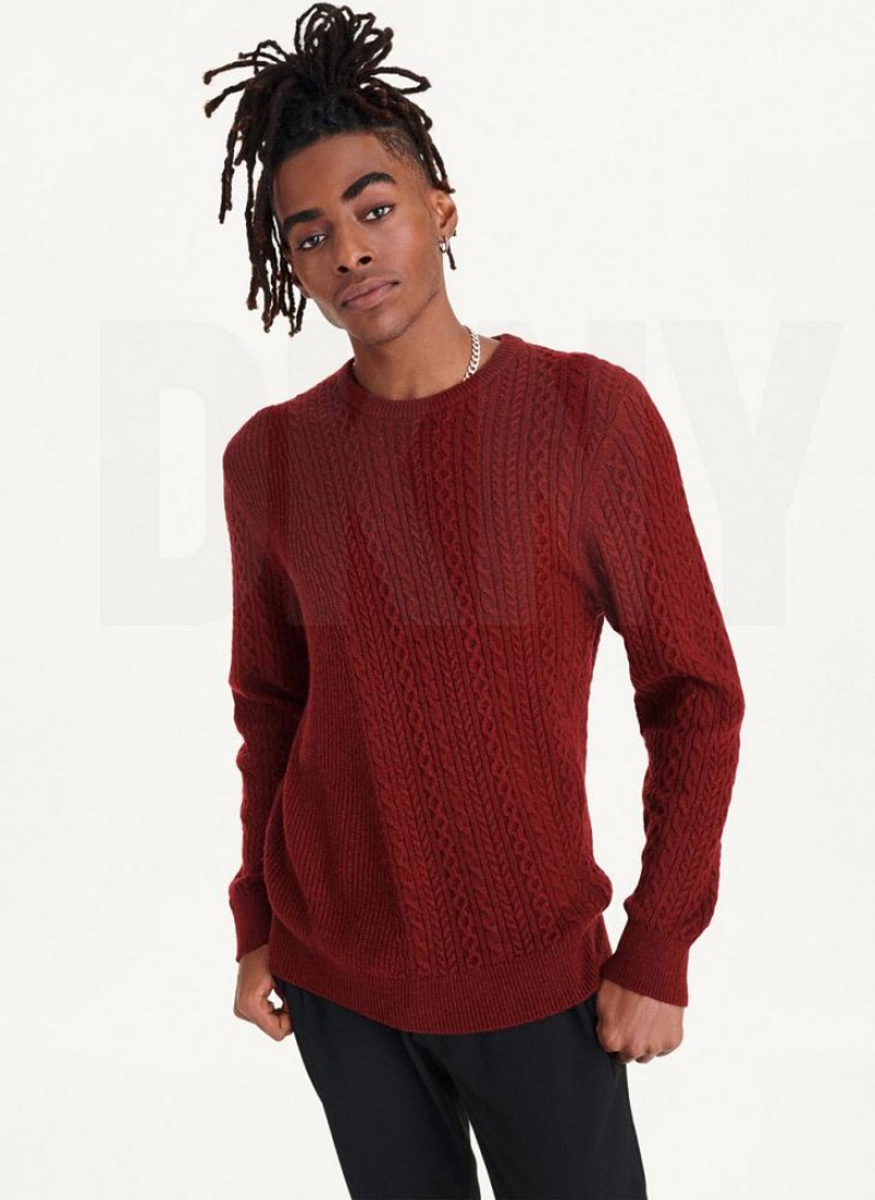 Dark Red DKNY Diagonal Cable Crew Men's Sweaters | USA-D1878