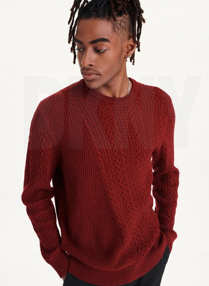 Dark Red DKNY Diagonal Cable Crew Men's Sweaters | USA-D1878