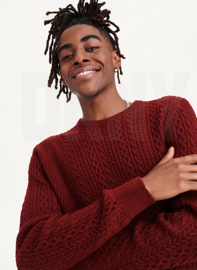 Dark Red DKNY Diagonal Cable Crew Men's Sweaters | USA-D1878