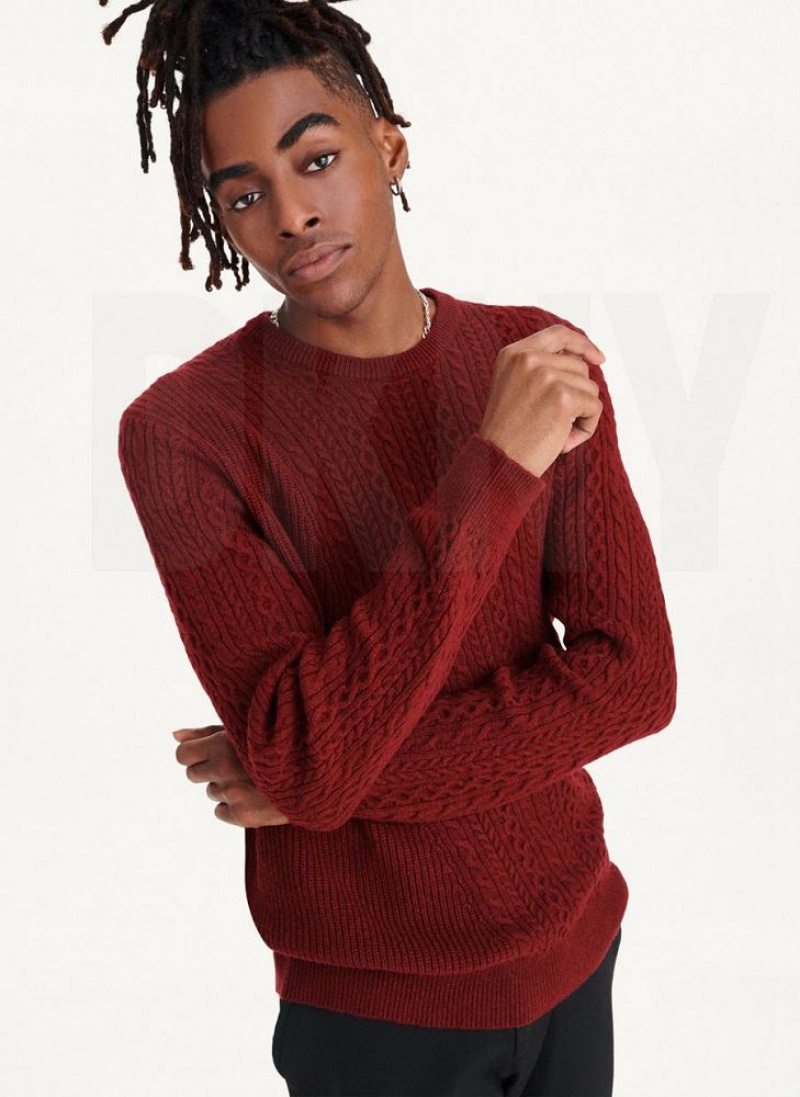 Dark Red DKNY Diagonal Cable Crew Men\'s Sweaters | USA-D1878