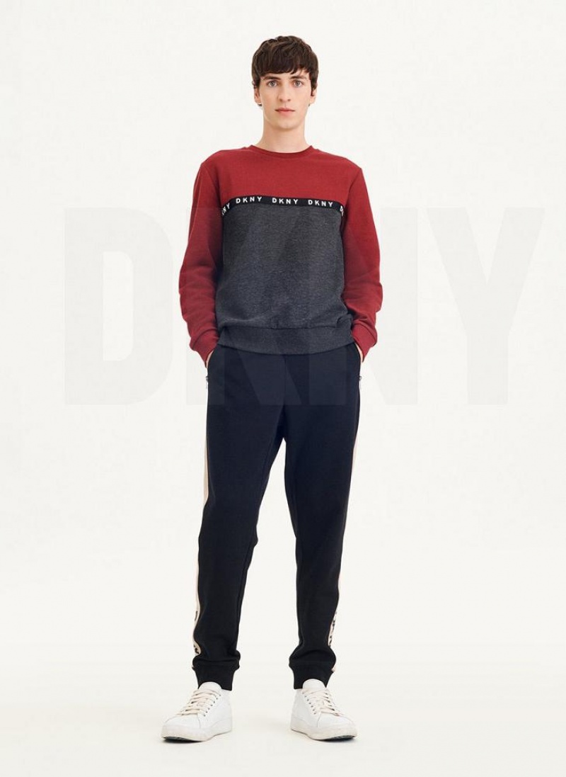 Dark Red DKNY Logo Fleece Crew Men's Sweatshirts | USA-D1096