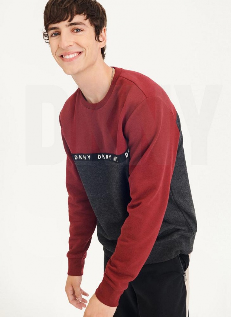 Dark Red DKNY Logo Fleece Crew Men's Sweatshirts | USA-D1096