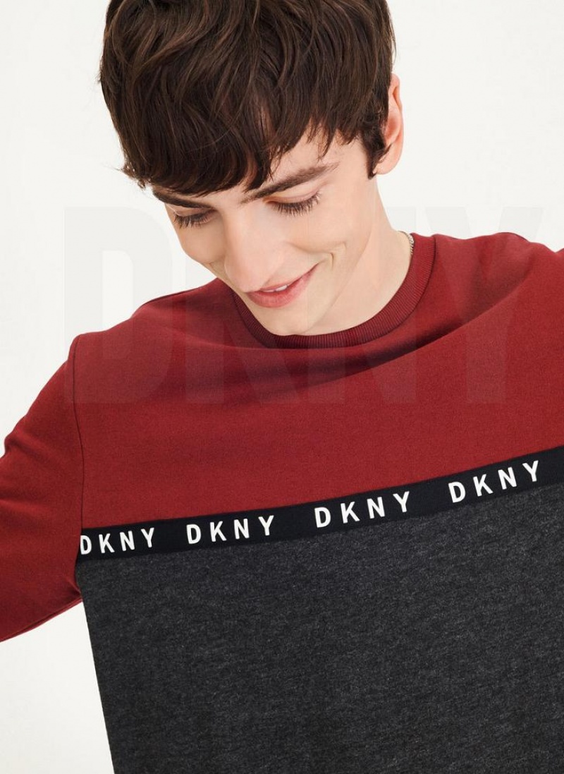 Dark Red DKNY Logo Fleece Crew Men's Sweatshirts | USA-D1096