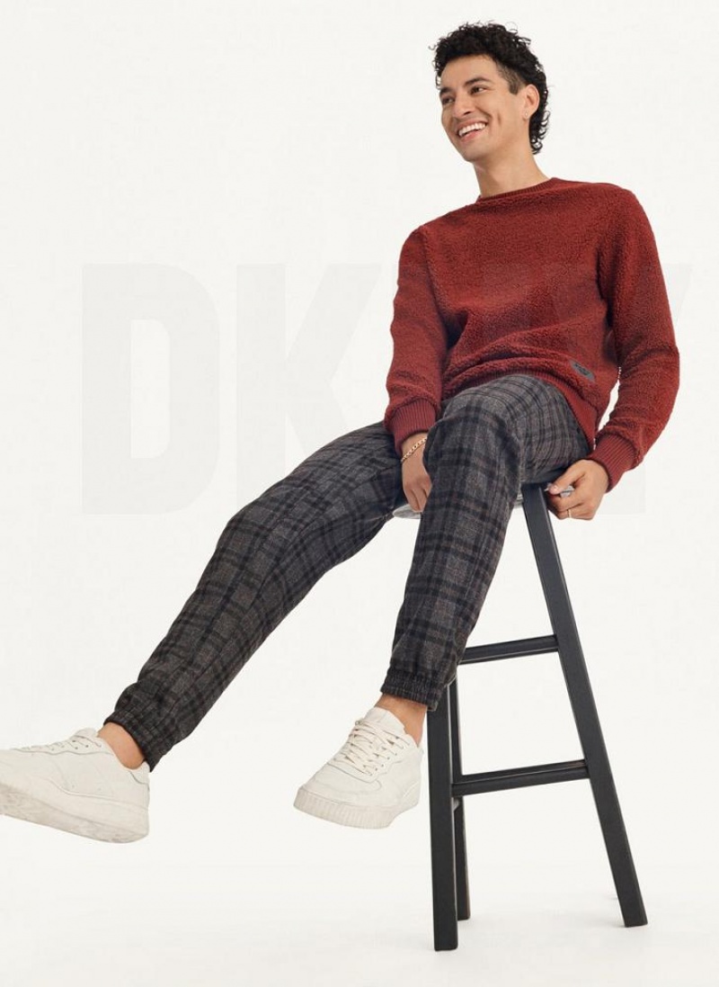 Dark Red DKNY Sherpa Long Sleeve Crew Men's Sweatshirts | USA-D0502