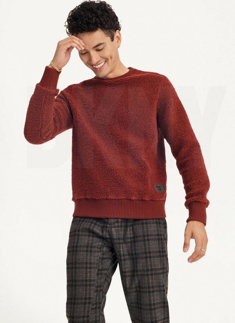 Dark Red DKNY Sherpa Long Sleeve Crew Men's Sweatshirts | USA-D0502