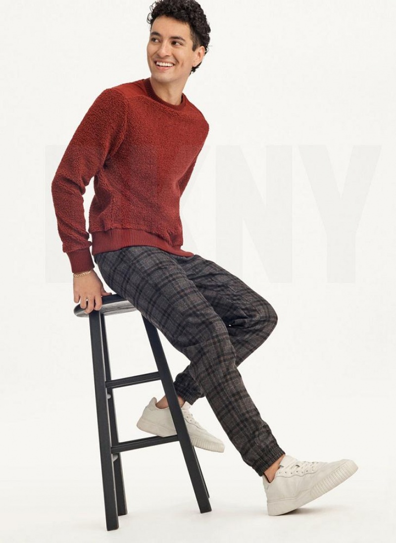 Dark Red DKNY Sherpa Long Sleeve Crew Men's Sweatshirts | USA-D0502