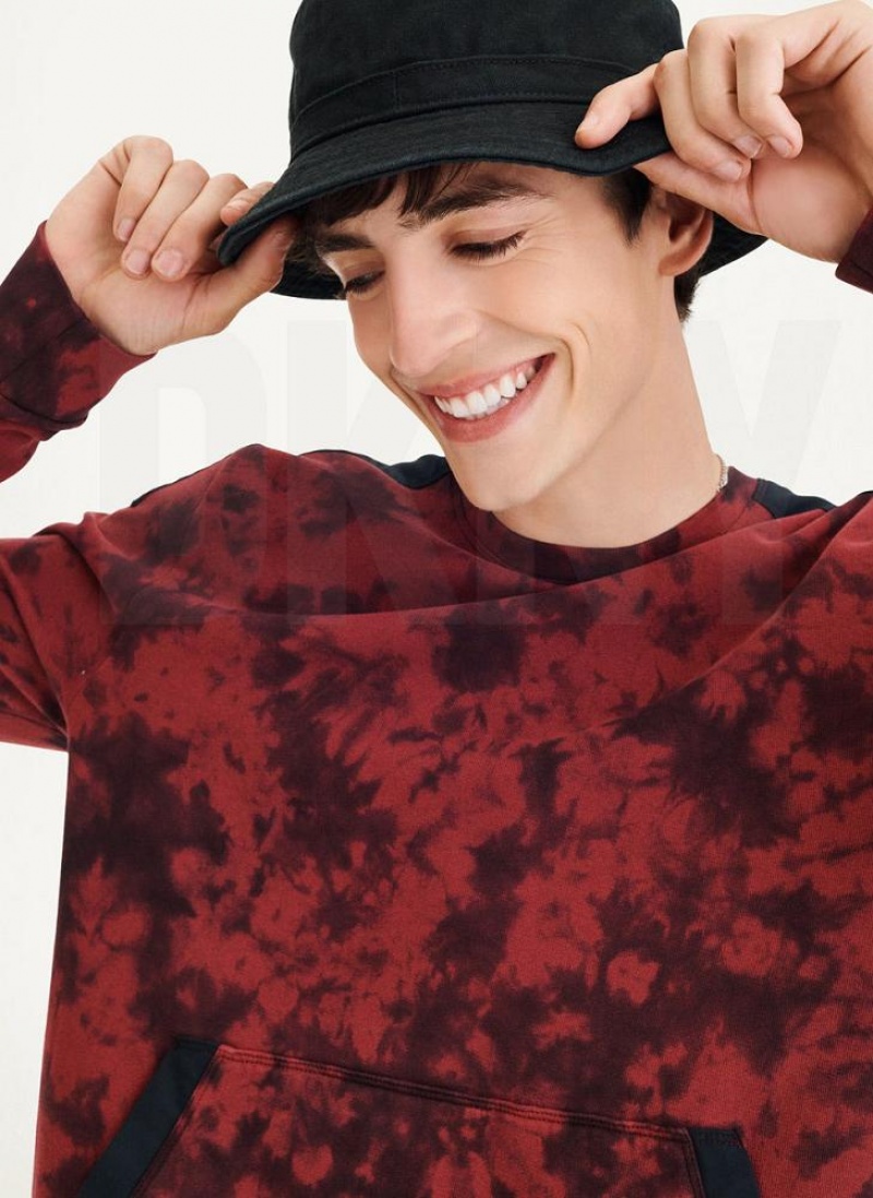 Dark Red / Black DKNY Long Sleeve Tie Dye Crewneck With Nylon Trim Men's Sweatshirts | USA-D0165