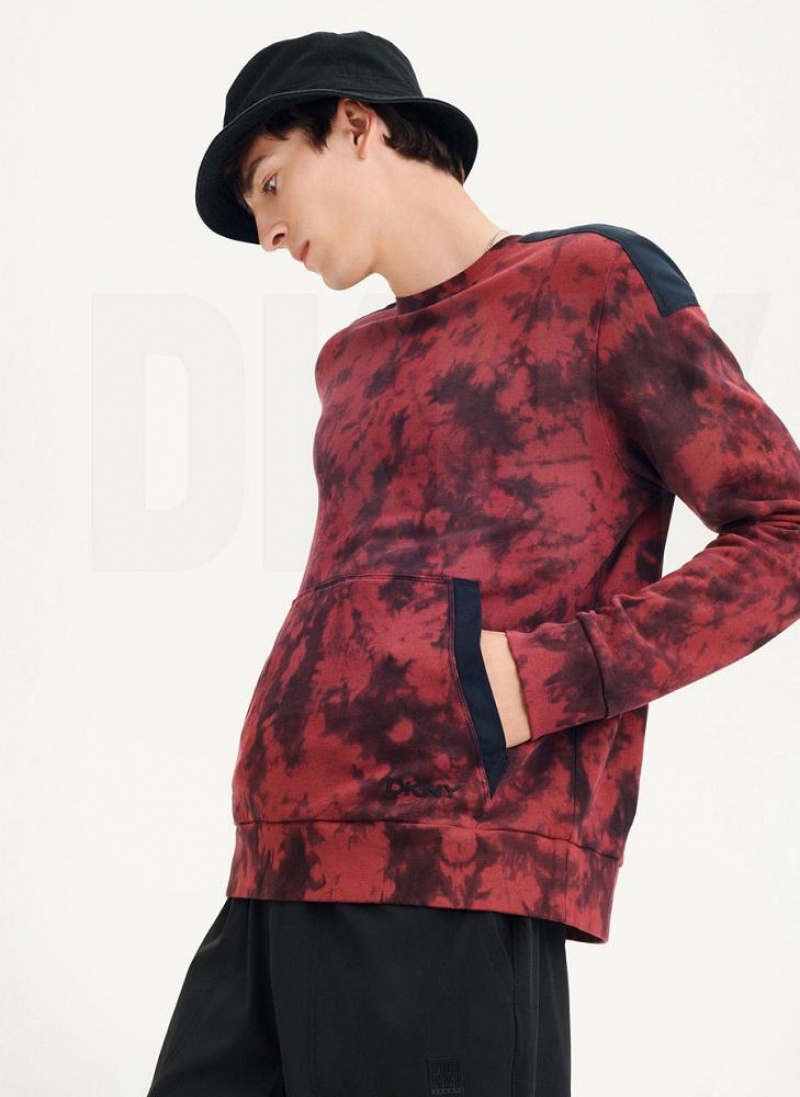 Dark Red / Black DKNY Long Sleeve Tie Dye Crewneck With Nylon Trim Men's Sweatshirts | USA-D0165