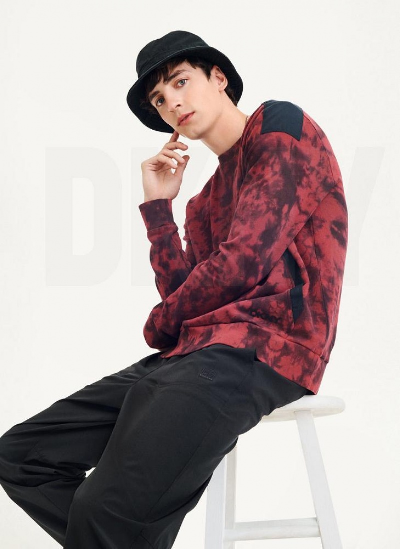 Dark Red / Black DKNY Long Sleeve Tie Dye Crewneck With Nylon Trim Men's Sweatshirts | USA-D0165