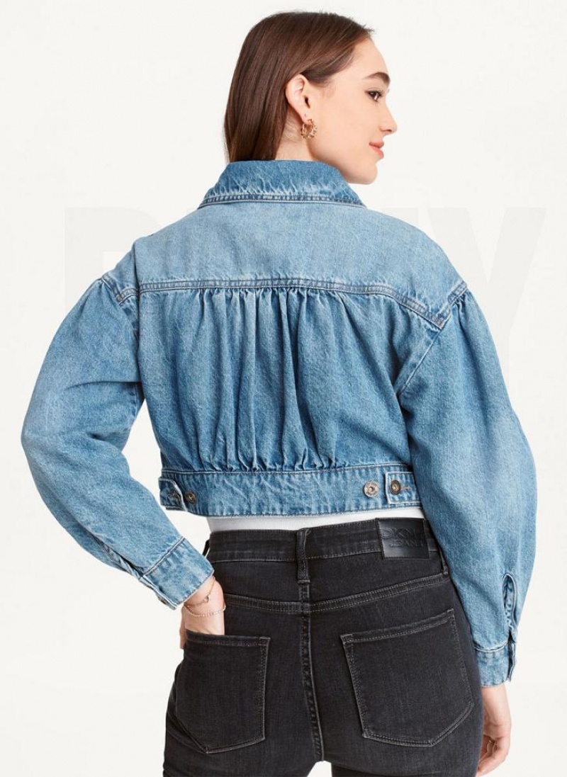 Dark Wash DKNY Puff Sleeve Denim Women's Jackets | USA-D1865