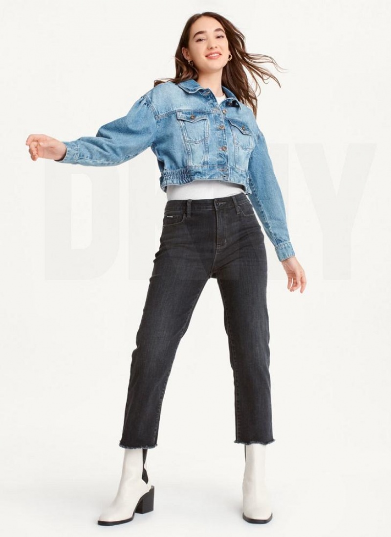 Dark Wash DKNY Puff Sleeve Denim Women's Jackets | USA-D1865