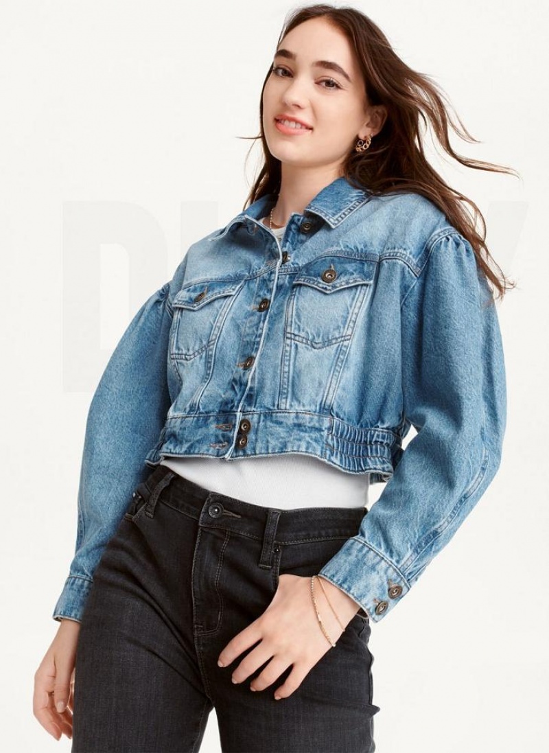 Dark Wash DKNY Puff Sleeve Denim Women's Jackets | USA-D1865