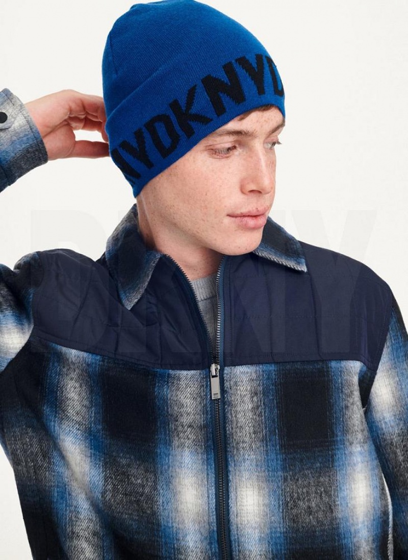 Deep Blue DKNY Brim Logo Men's Beanie | USA-D0864