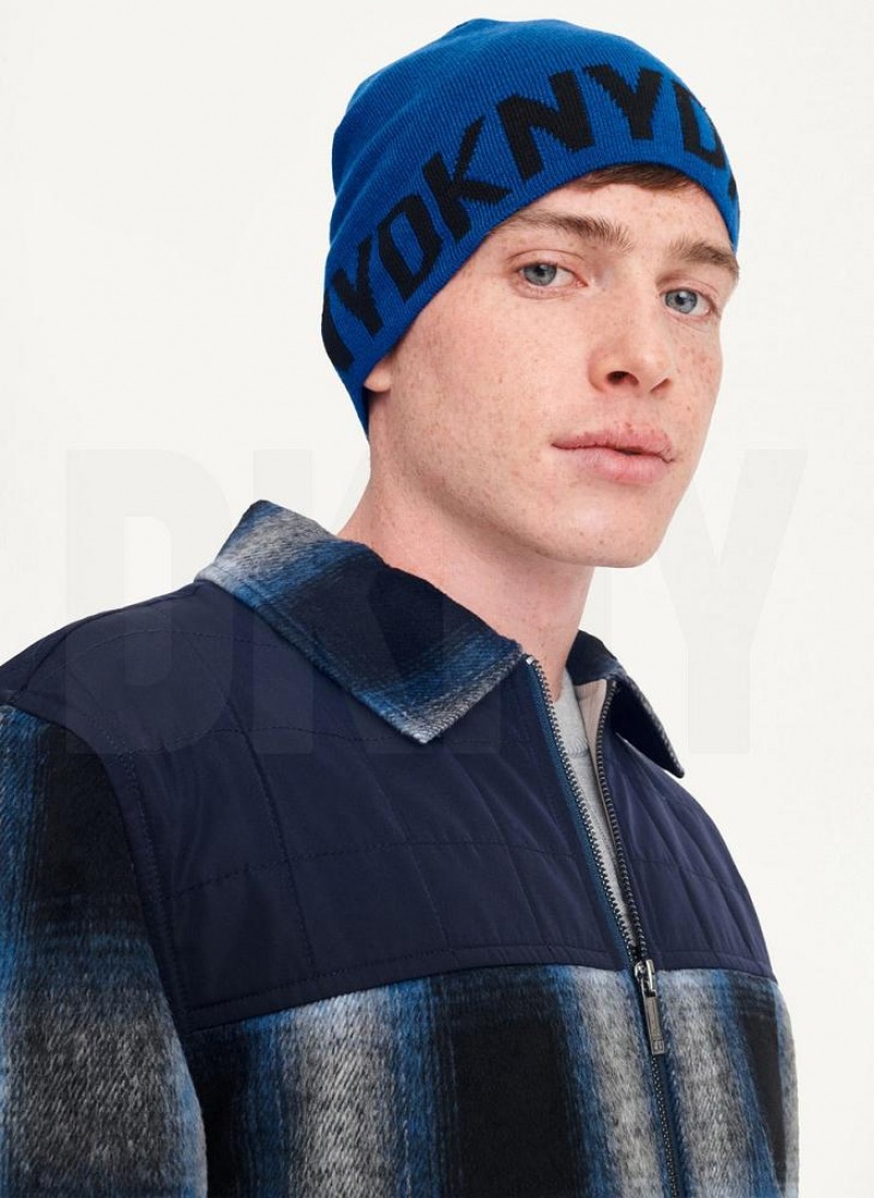 Deep Blue DKNY Brim Logo Men\'s Beanie | USA-D0864