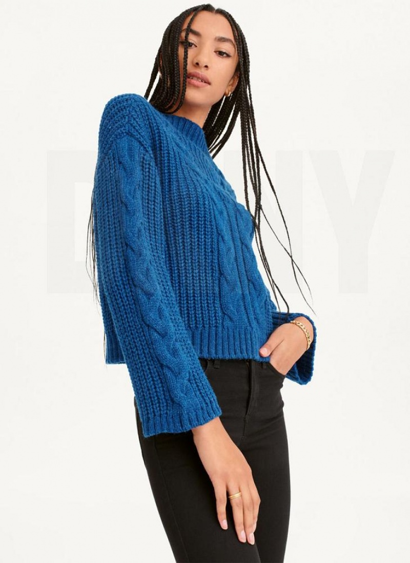 Deep Blue DKNY Cable Knit Women's Sweaters | USA-D1225